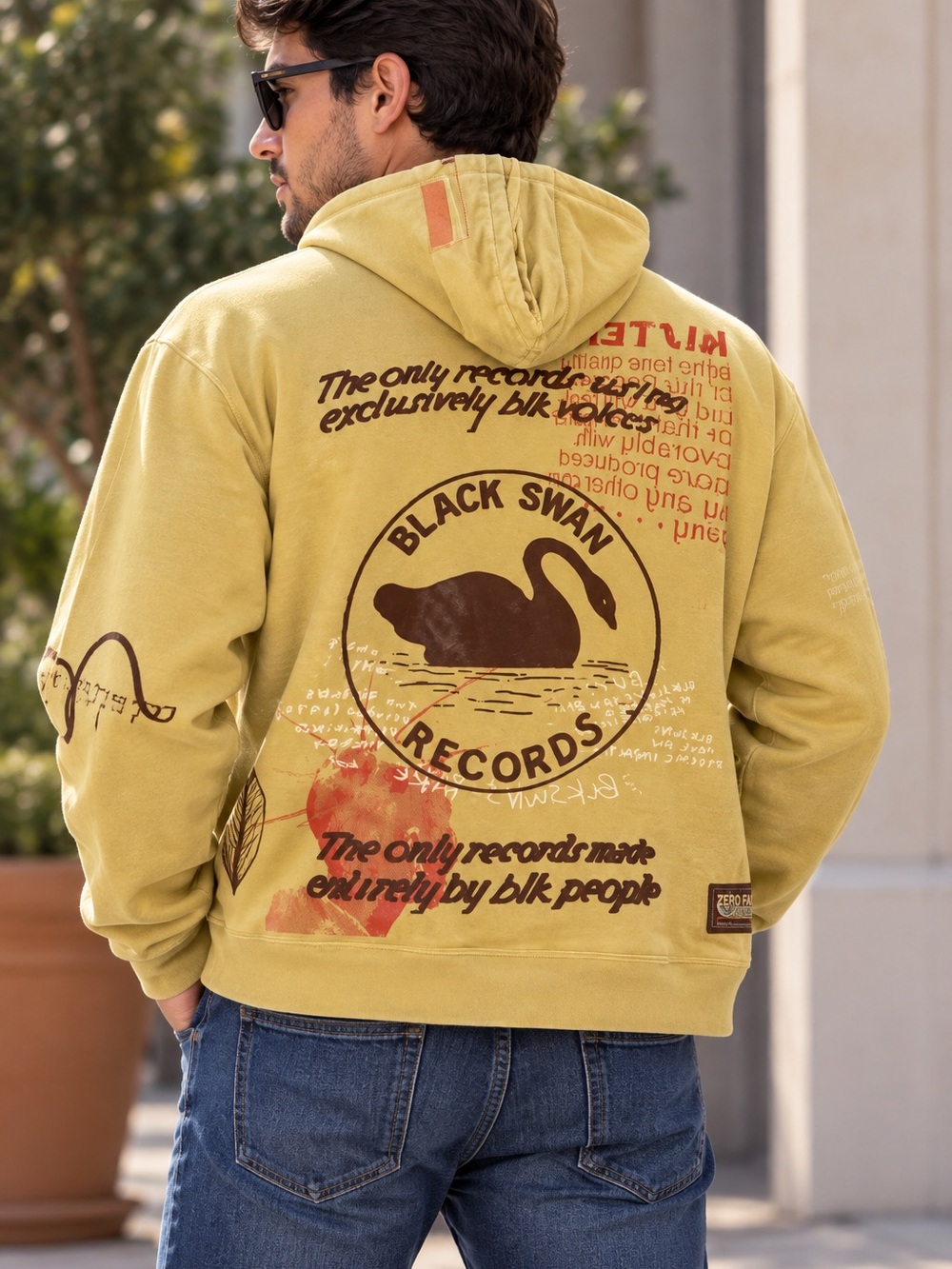 Zero fatigue Black Swan Records Graphic Hoodie Mustard Yellow size XL